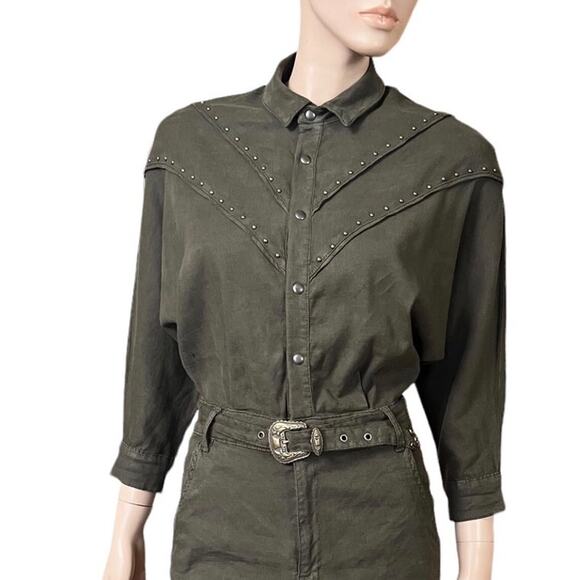 The Kooples Studded Kaki Linen Belted Jumpsuit Size 1 French Brand True To Size - Picture 4 of 15